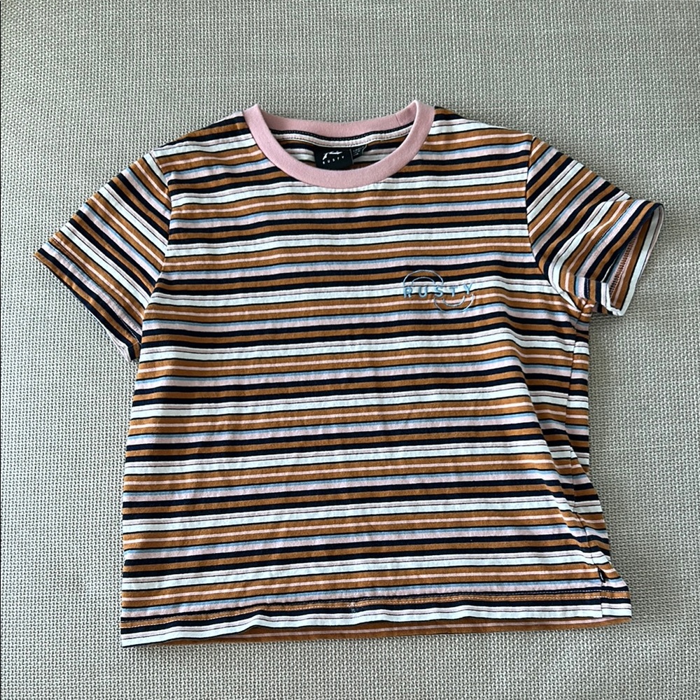 Roxy Pink and Brown Striped Short Sleeve Tee